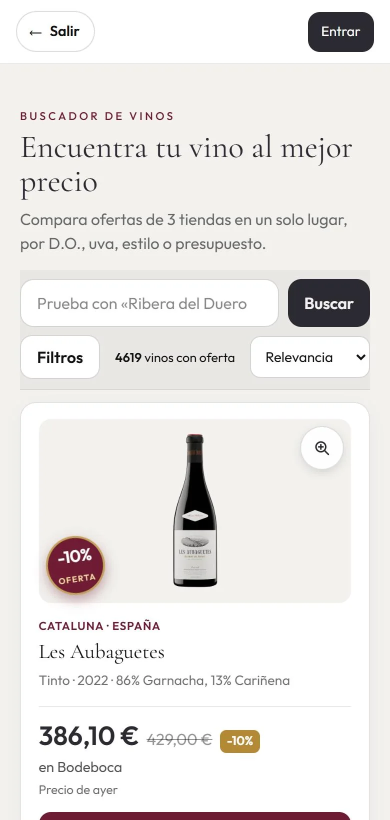 Buscador de vinos con ofertas y filtros