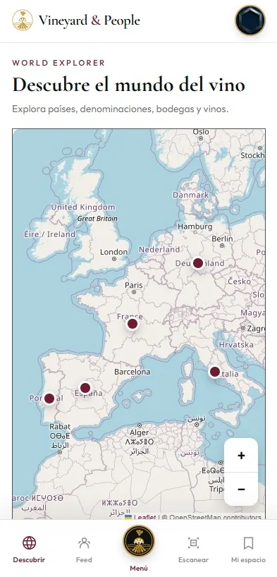 Explorador del mundo del vino con países y denominaciones