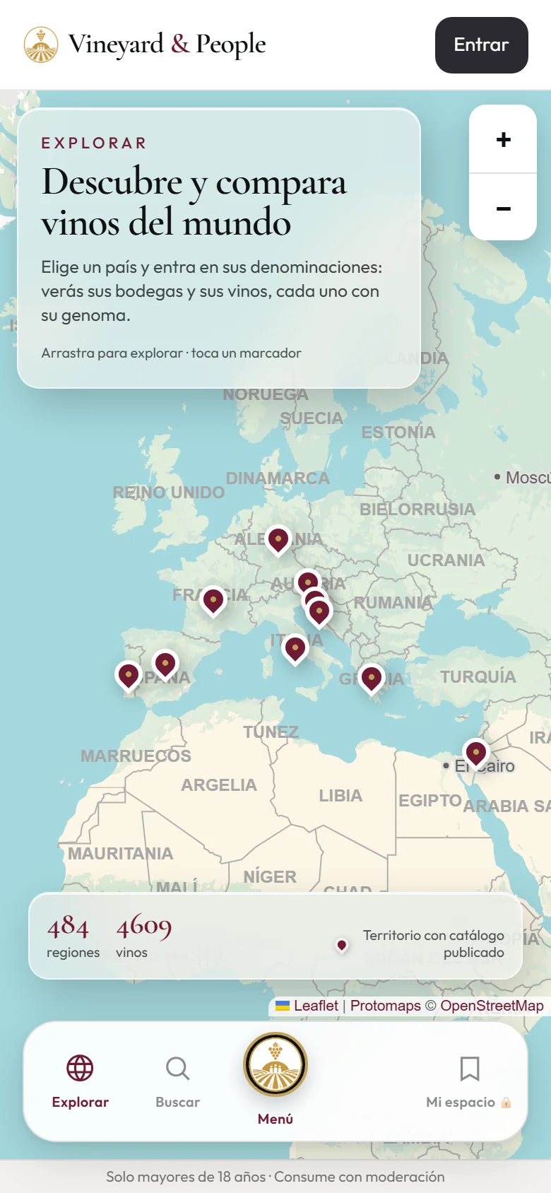 World: mapa con las regiones y los vinos del catálogo